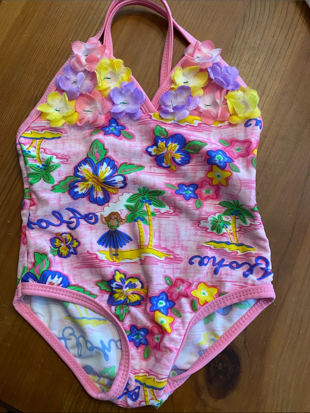 Toddler girl Pink Floral Hawaiian One-Piece Swimsuit with 3D Flowers